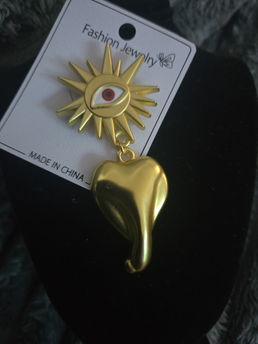 Schiaparelli Inspired Gold Sun Eye Heart Dangle Brooch with Red Accent